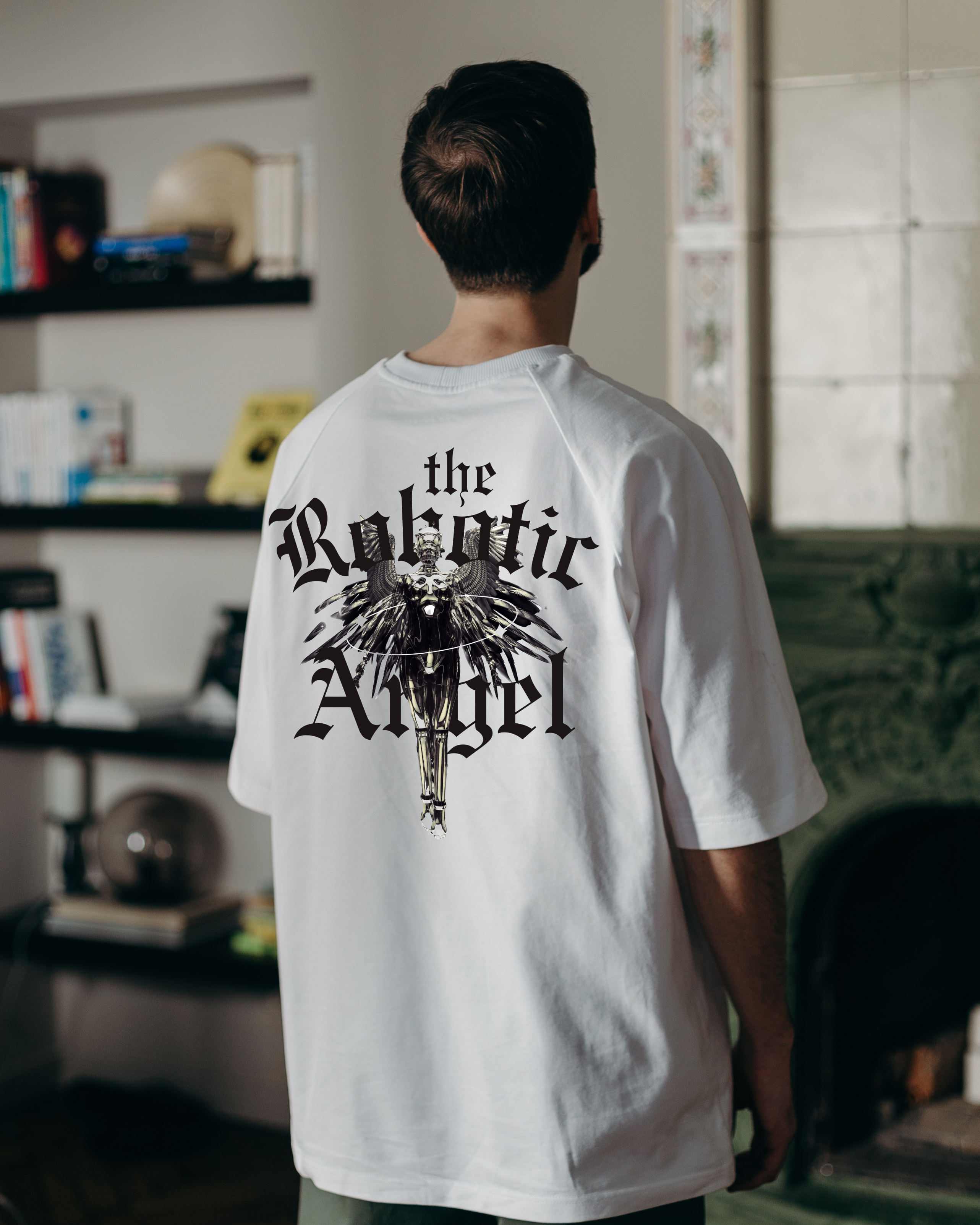 The Robotic Angel Oversized Graphic T-Shirt – Futuristic Streetwear T-Shirt